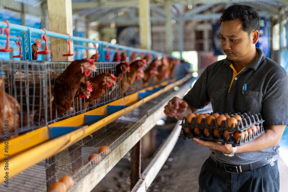 a farmer's hands collecting fresh eggs from system at a poultry farm. Brown laying hens are visible , highlighting the process of egg production and harvesting. focuses on the fresh, organic produce
