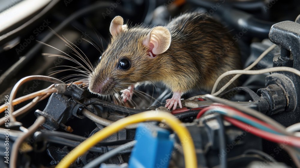A scene depicting a rat gnawing on car wiring inside an engine bay, with the surrounding components slightly Clipping path included.