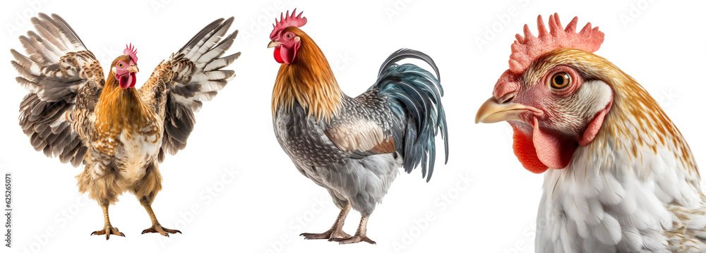 A set of chickens and a rooster in different angles. Close-up of a farm chicken, a farm rooster stands, the chicken flaps its wings. Isolated on a transparent background. KI.
