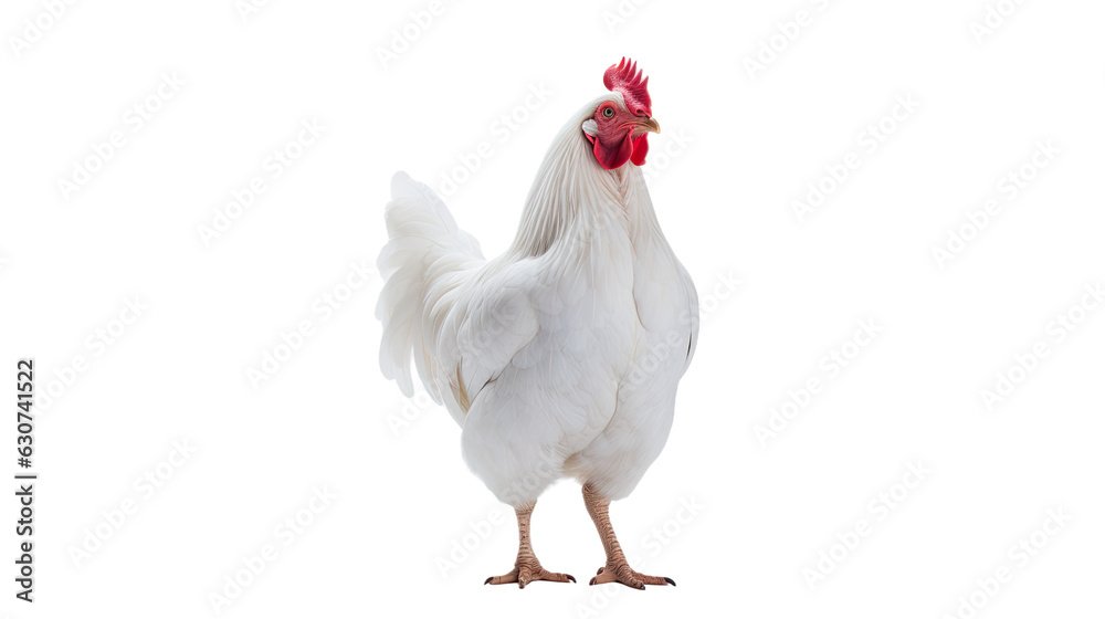 A solitary white chicken stands alone against a white backdrop.