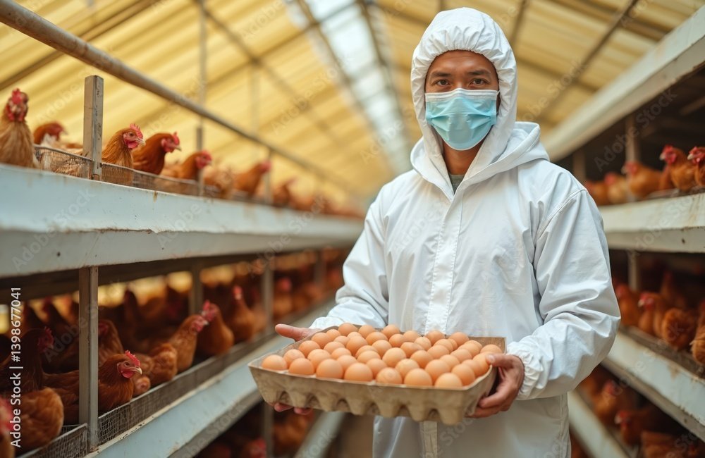 Asian man in protective suit works laying hens collecting fresh chicken eggs on farm. Person wears protective PPE prevent outbreak of covid-19. Agriculture, food safety, biohazard concept.