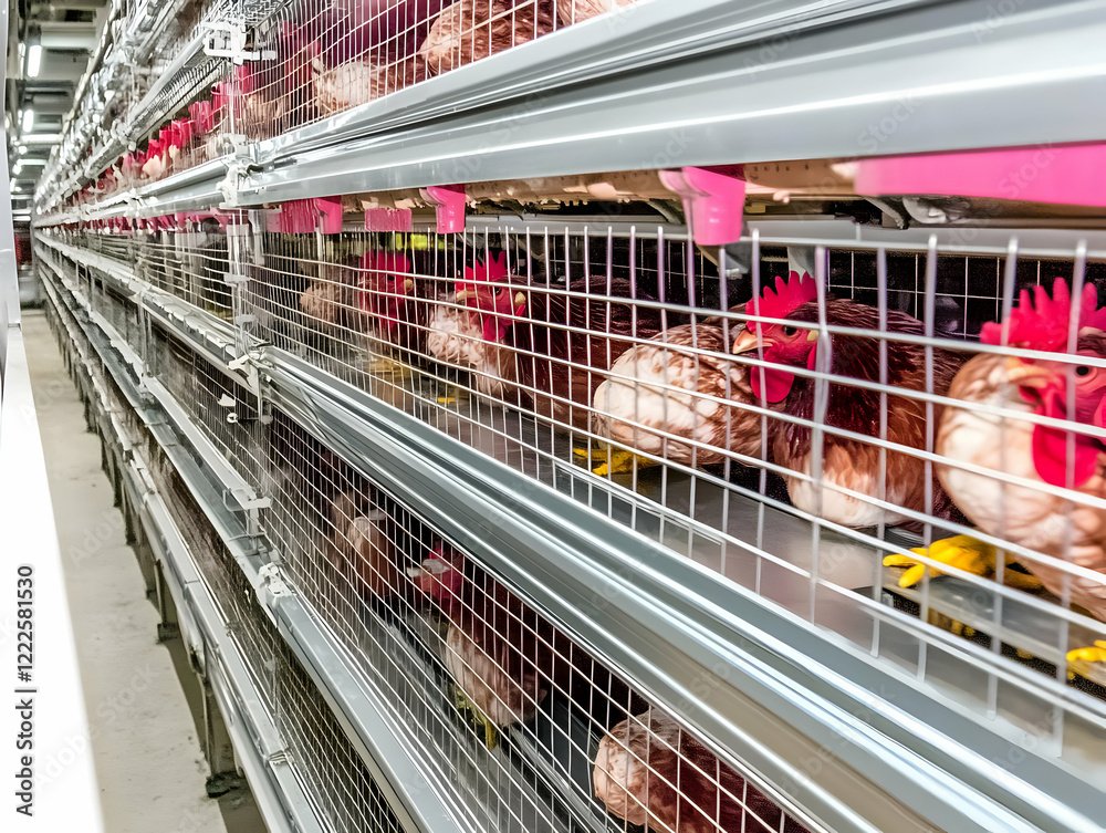 Chickens are kept in cages on a poultry farm inside a barn meticulously designed for egg production.