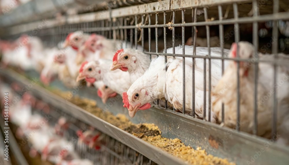 Chickens in a Commercial Farm Cage System with Food Supply