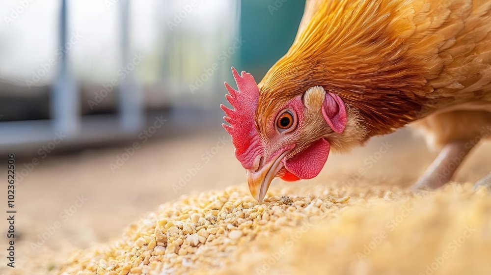 Chickens in a modern coop with automated feeding systems, livestock farming, innovation in poultry farming