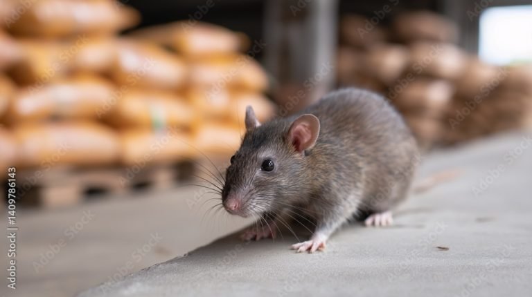 Close up of a Gray Rat Near a Stack of Grain Sacks Outdoors