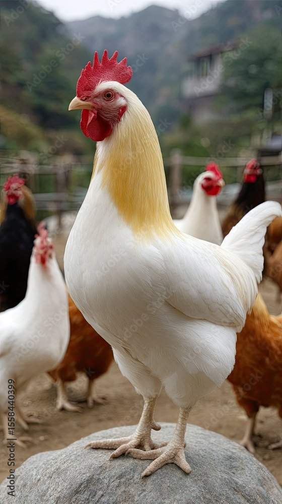 Close-up view of chickens on rocks at farm showcasing vibrant feathers and farm setting in ultra-detailed, cinematic quality