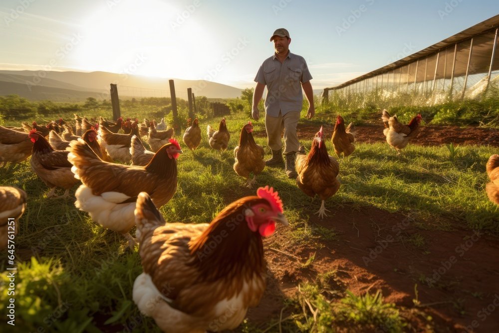 farmer nurtures free-range chickens in a sustainable, nature-friendly farming environment.