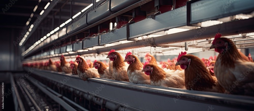 Multilevel production line for battery cage layer chickens with conveyor system for egg production in poultry farm housing Copy space image Place for adding text or design