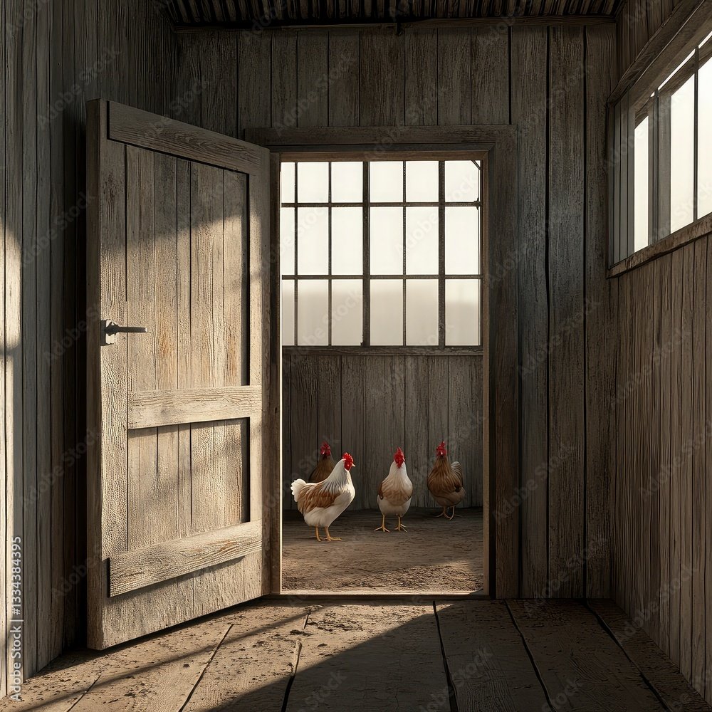 Rustic wooden coop interior with three hens on the porch, sunlight streaming through open door and window.
