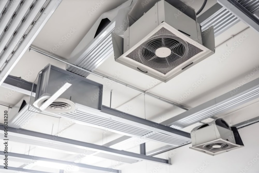 ventilation system with vents and fans in ceiling of warehouse or factory, providing fresh air and removing odors, created with generative ai