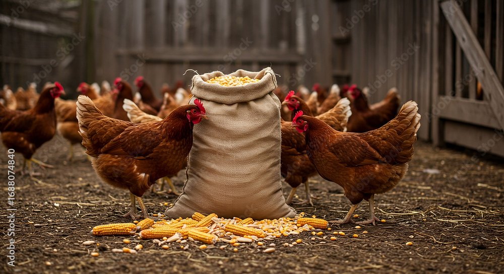 Chickens eating corn kernels from burlap sack in rural farmyard, poultry feeding on maize grains during agriculture harvest