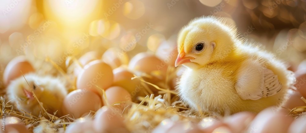 Small farm with a one day old yellow Easter chick and other chicks nearby kept in controlled conditions for breeding offering copy space image