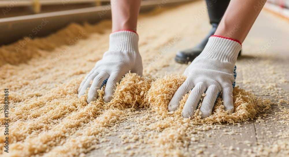 Homesteader Spreading Fresh Bedding in Clean Chicken Coop